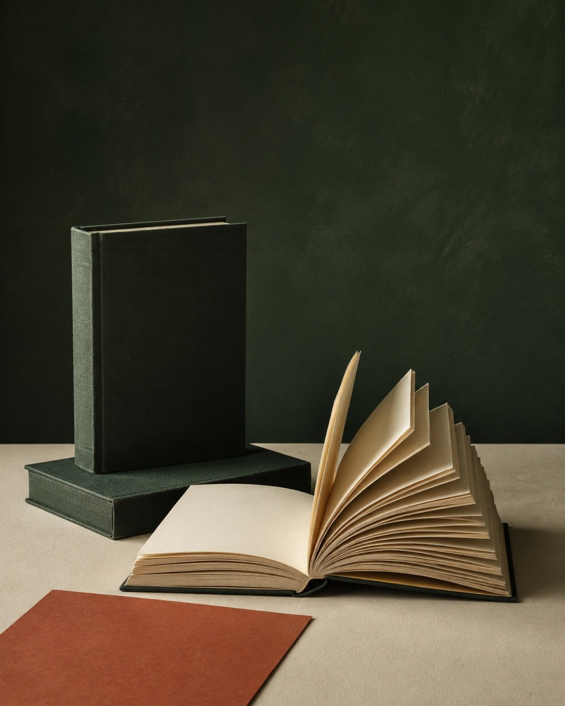 An open book with fanned pages beside green cloth books and terracotta paper